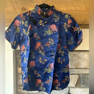 Vintage Peony Kimono Top S/M Made In Shanghai Blue Floral Collectors Costume